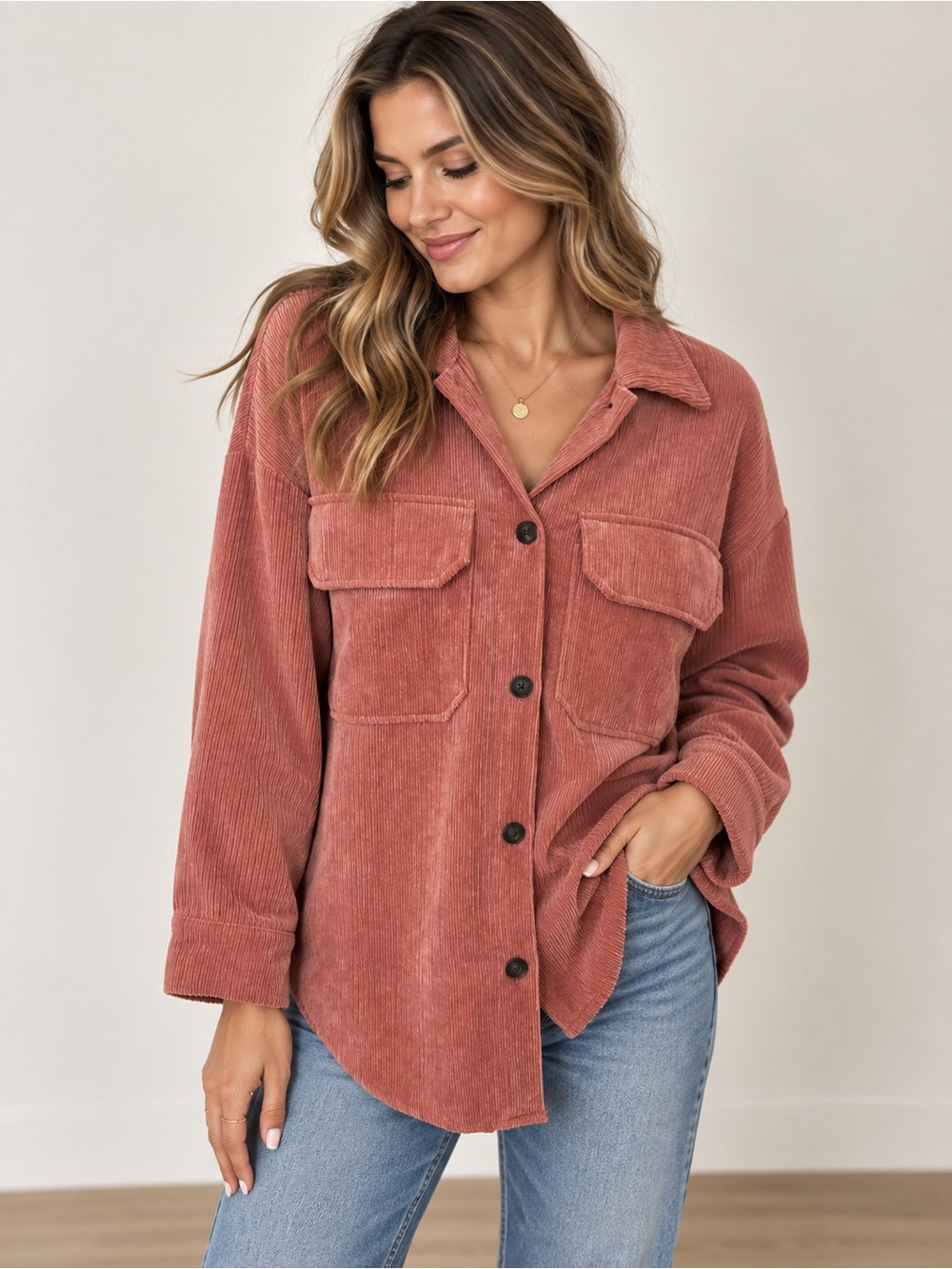 CISONO Oversized Corduroy Shacket Women’s Dusty Rose Button Front Utility Size M